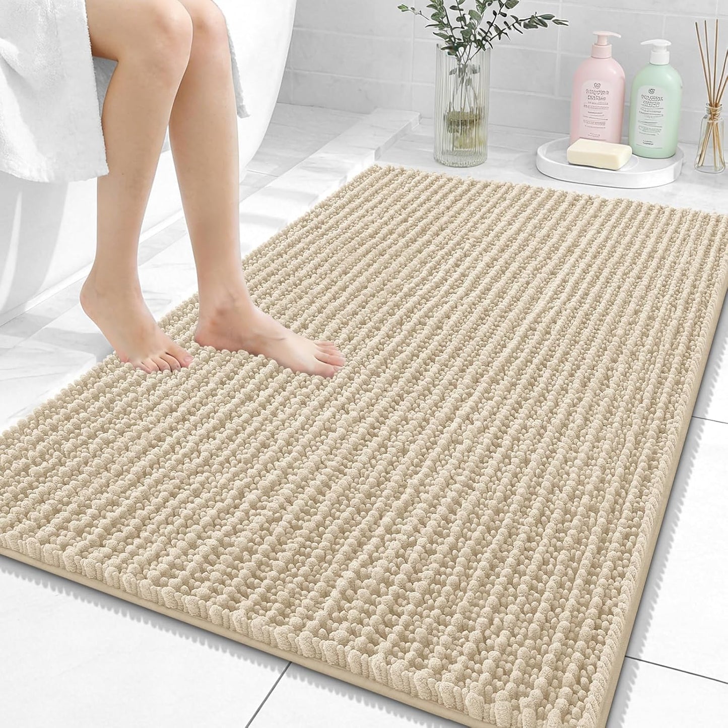OLANLY Bath Rug Mat - Thick Soft Chenille, Non-Slip Rubber Backing | 40x32 Inches, Beige, Machine Washable
