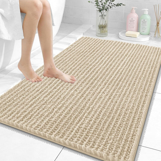 OLANLY Bath Rug Mat - Thick Soft Chenille, Non-Slip Rubber Backing | 40x32 Inches, Beige, Machine Washable