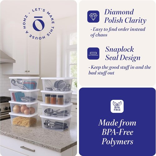 HOMZ 10-Pack Snaplock Storage Bins - Clear Plastic Organizer Containers with Lids, 6 Quart, White