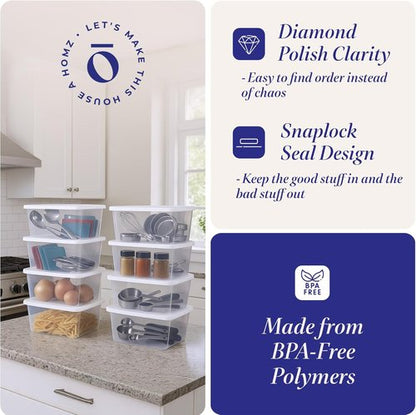 HOMZ 10-Pack Snaplock Storage Bins - Clear Plastic Organizer Containers with Lids, 6 Quart, White