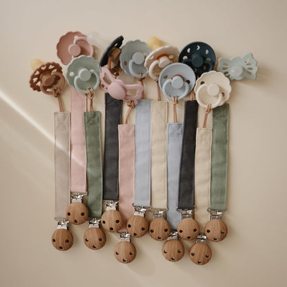 Mushie Linen Baby Pacifier Clip Holder - Soft Fabric Strap, 2-Pack in Olive & Shifting Sand