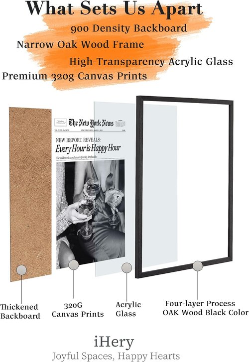 iHery Premium Framed Wall Art - 16x20in Natural Black Oak | Retro Aesthetic Canvas Decor for Dorm & Living Room