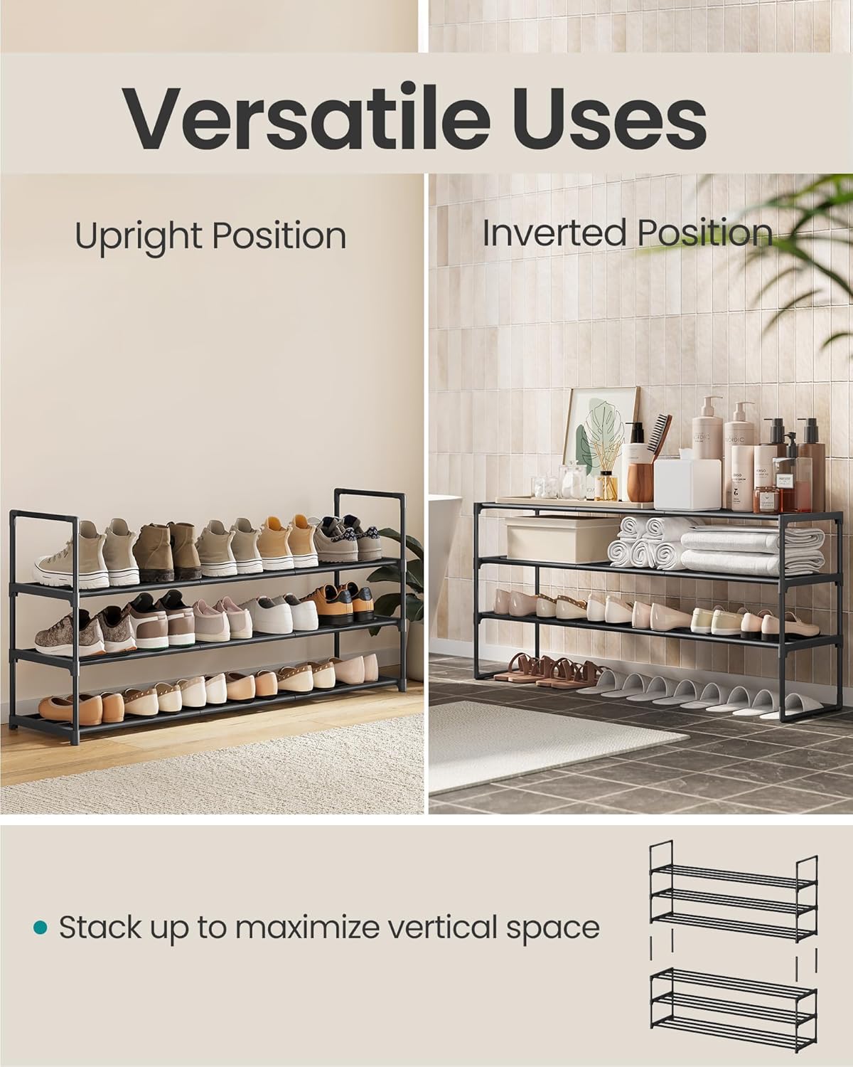 SONGMICS 3-Tier Shoe Rack - Stackable Metal Organizer for 20-24 Pairs | Black, 11.8 x 46.1 x 21.7 Inches