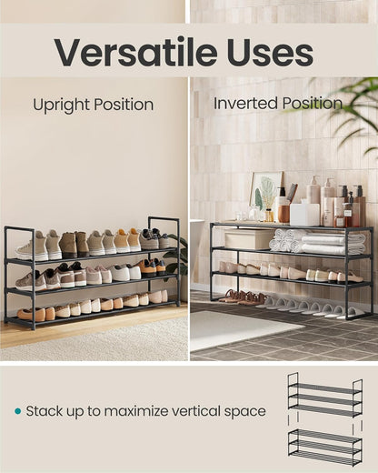 SONGMICS 3-Tier Shoe Rack - Stackable Metal Organizer for 20-24 Pairs | Black, 11.8 x 46.1 x 21.7 Inches