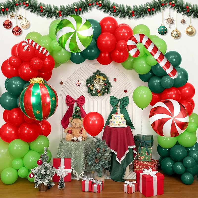 Christmas Balloon Arch Kit 117pc Candy Cane Red & Green Party Decoration, Includes Arch Accessories