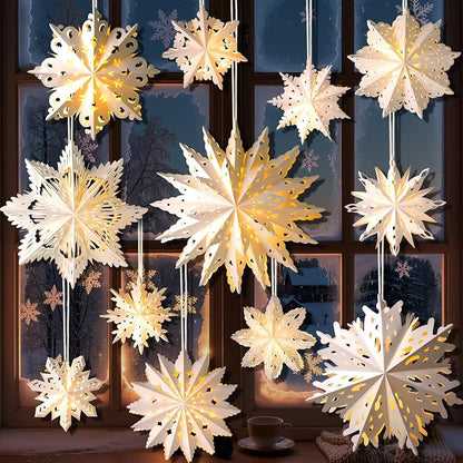 12pcs Christmas Snowflake Paper Lanterns with LED Lights - White