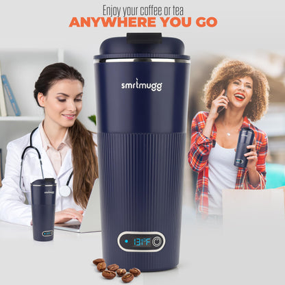 SmrtMugg GO Heated Coffee Mug, Travel Mug, 13.5 OZ. Smart Mug, Battery Powered Heated Coffee Mug, Great for Coffee and Tea, Snap on Magnetic Charging Cord, New and Improved (Navy Blue)