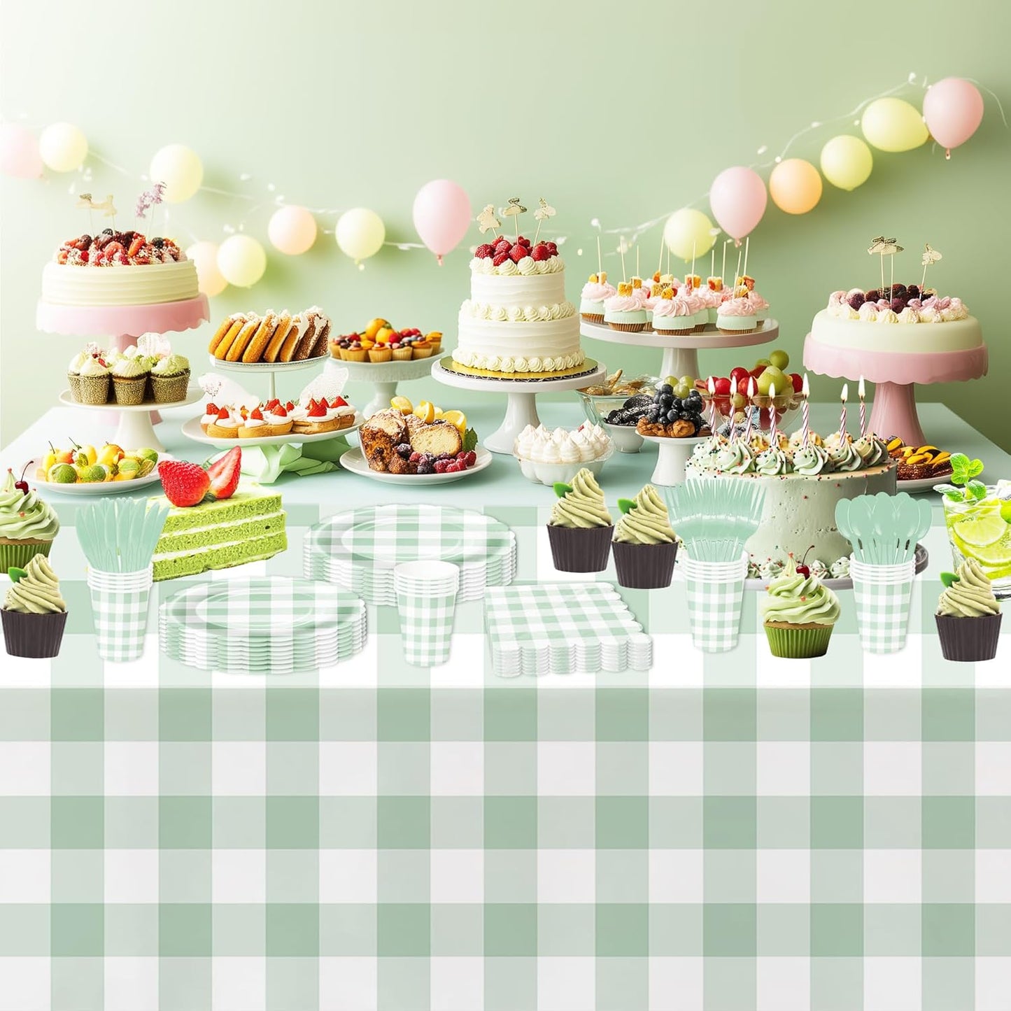 Sage Green Gingham Tablecloths - 3 Pack Disposable Plaid Party Supplies | 55in x 86in for Events