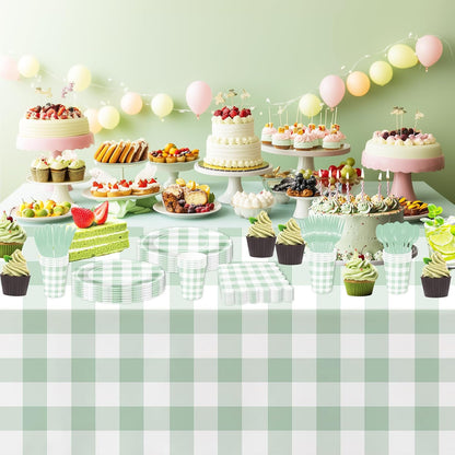 Sage Green Gingham Tablecloths - 3 Pack Disposable Plaid Party Supplies | 55in x 86in for Events