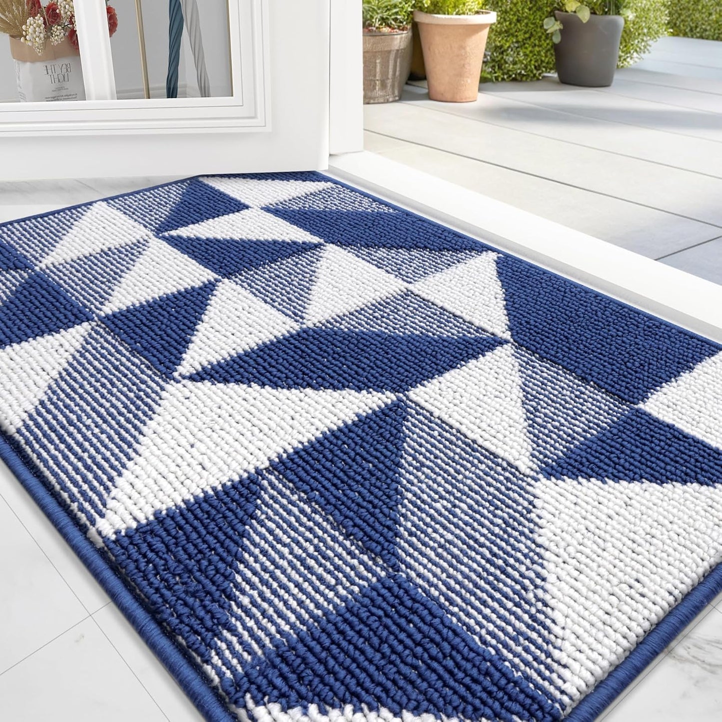 OLANLY Indoor Door Mat - Washable, Odor-Free, Low-Profile Geometric Design | 32x20 Navy Entry Carpet