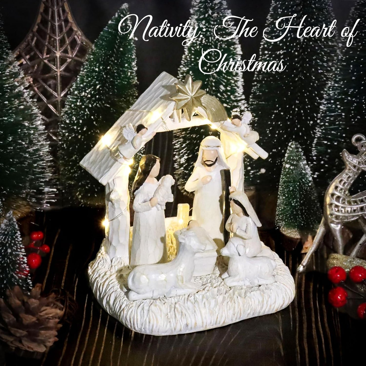 Nativity Set with LED Lights - Christmas Nativity Scene & Manger for Festive Table Decoration