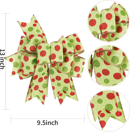 SIMISI Ribbon Christmas Bow - Rustic Burlap with Green & Red Dots for Wreaths & Holiday Decor | 9.5 x 13 Inch