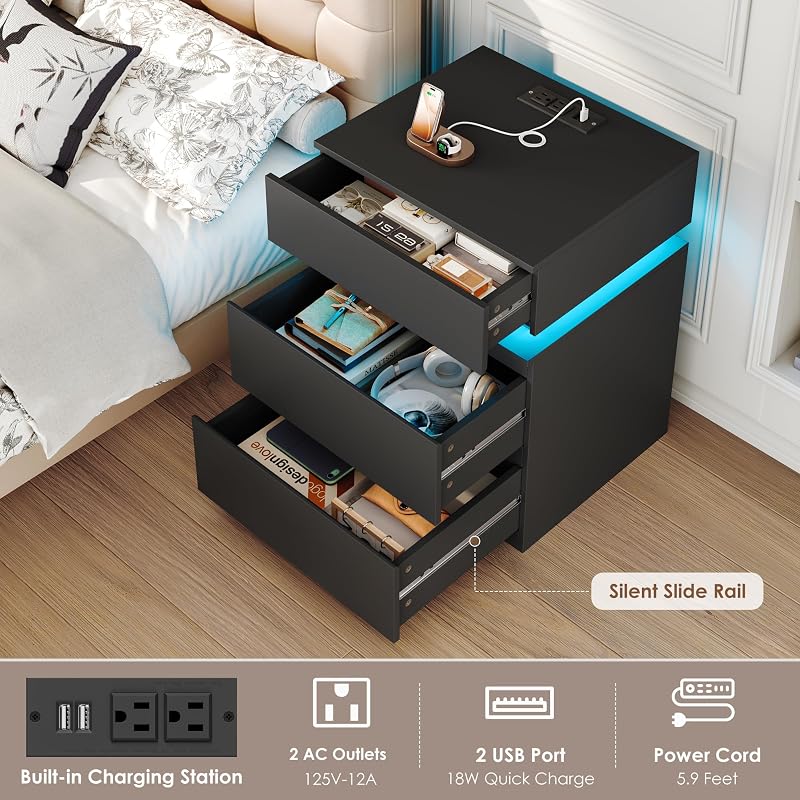 Nightstands Set of 2 with LED Lights, USB Charging Station & App Control, 23.8" Tall – Black+2 Drawers Variation