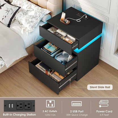 Nightstands Set of 2 with LED Lights, USB Charging Station & App Control, 23.8" Tall – Black+2 Drawers Variation