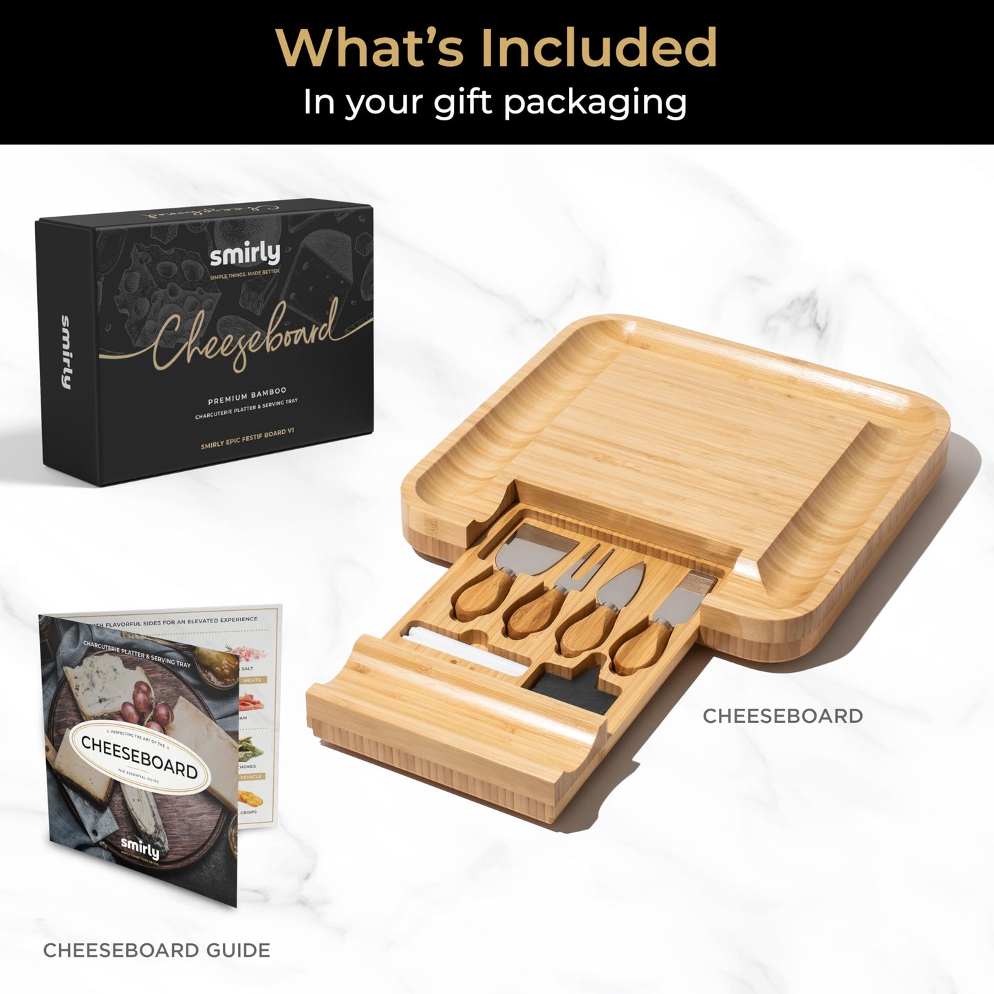 SMIRLY Charcuterie Boards Set - Large Bamboo Cheese Board set - House Warming Gifts New Home, Wedding Gift for Couple, Bridal Shower Gift, Birthday Gifts for Women