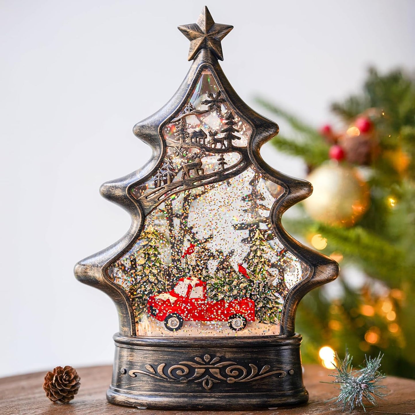 Skiennix Snow Globe Lantern - 11.5 Inch Musical Christmas Tree Figurine with Red Truck & Glitter
