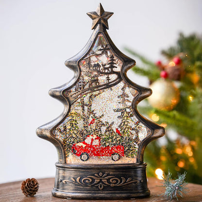 Skiennix Snow Globe Lantern - 11.5 Inch Musical Christmas Tree Figurine with Red Truck & Glitter