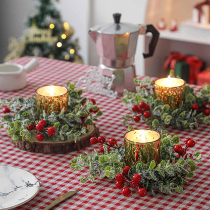 Regine Switzerland Christmas Candle Ring - 4 Pcs Gold Votive Candles with Red Berry Wreath for Holiday Centerpiece