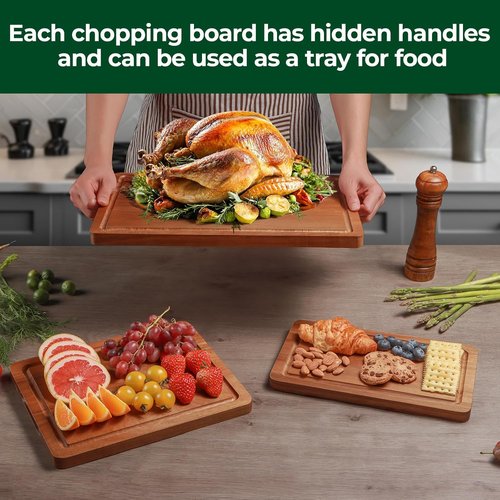 Acacia Wood Cutting Board Set - Large Charcuterie & Chopping Boards for Meat, Cheese, Fruits | Set of 3