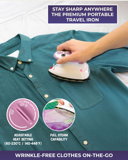 The Quilted Bear Premium Mini Steam Iron - Lightweight Mini Travel Iron for Effortless Quilting & Wrinkle-Free Clothes with Carry Case & Iron Rest Set - Travel Steamer for Clothes & Crafts (Pink)