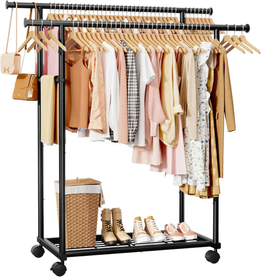Sakugi Metal Clothes Rack - Double Rod Design with Rolling Wheels & Built-In Shelf | 38.5" x 16.9" x 59", Black