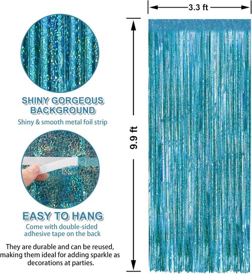 Crosize Laser Blue Foil Fringe Curtains - 3 Pack Tinsel Backdrop for Parties & Birthdays | 3.3 x 9.9 ft