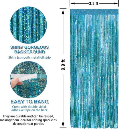 Crosize Laser Blue Foil Fringe Curtains - 3 Pack Tinsel Backdrop for Parties & Birthdays | 3.3 x 9.9 ft