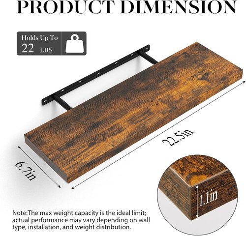 BAYKA Rustic Wood Floating Shelves - 22.5 Inches Wall Decor for Bathroom, Bedroom & Living Room | 22 lbs Capacity