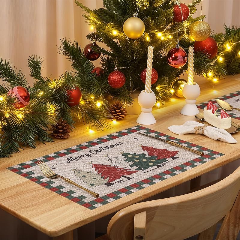 Light Yellow 6-Count Christmas Placemats Set with Non-Slip Heatproof PVC - Washable