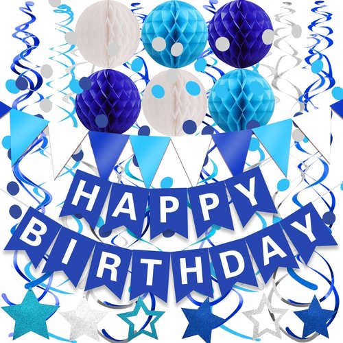 FECEDY Happy Birthday Banner - Navy Blue Paper Flag & Circle Garland | Party Decorations Set