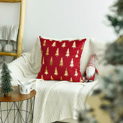 Christmas Red Velvet Throw Pillow Covers 18x18 in - Gold Foil Tree Design, Set of 2
