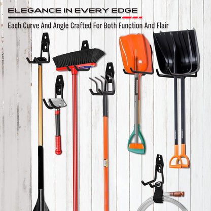Regine Switzerland Heavy-Duty Garage Tool Storage Wall Hook Set - 15PCS Organizer for Garden Tools, Bikes & Ladders - Black