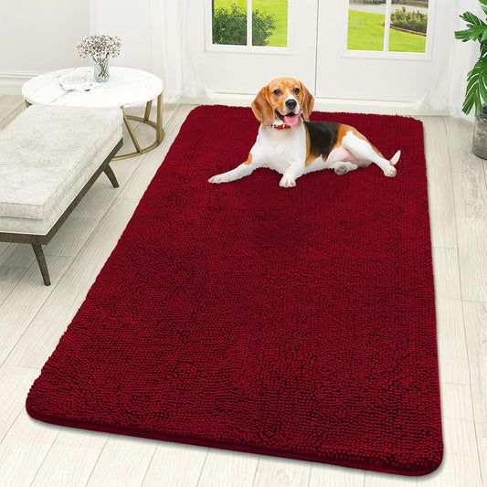 OLANLY Dog Door Mat - Absorbent Non-Slip Chenille Mat for Muddy Paws | 59x32 Inches, Quick Dry Red