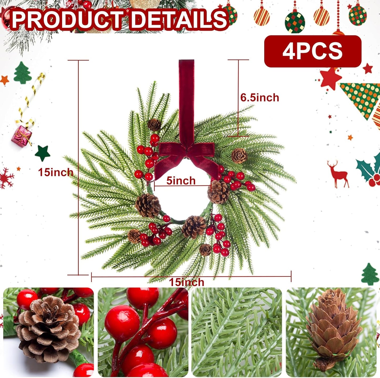 Skiennix Mini Christmas Wreaths - 15" Norfolk Pine Decor with Red Ribbon & Pine Cones | Set of 4