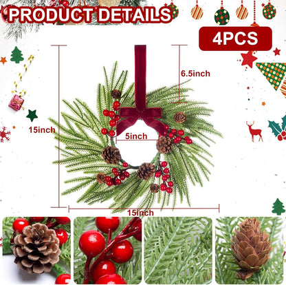 Skiennix Mini Christmas Wreaths - 15" Norfolk Pine Decor with Red Ribbon & Pine Cones | Set of 4
