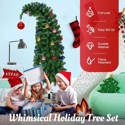 Hatisan 6FT Artificial Christmas Tree - Bent Green Design with Ball Ornaments & Metal Base for Holiday Decor
