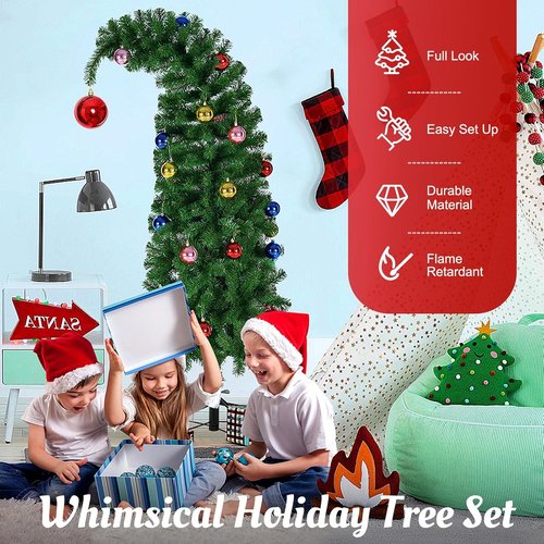Hatisan 5FT Artificial Christmas Tree - Bent Green Design with Ball Ornaments & Metal Base | Holiday Decor