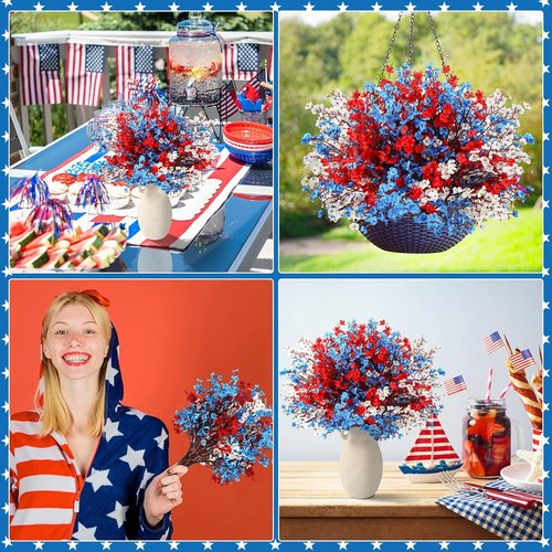 Lyrow Patriotic Artificial Flowers - 24 Pcs Red, Blue & White Table Centerpieces for 4th of July Decor