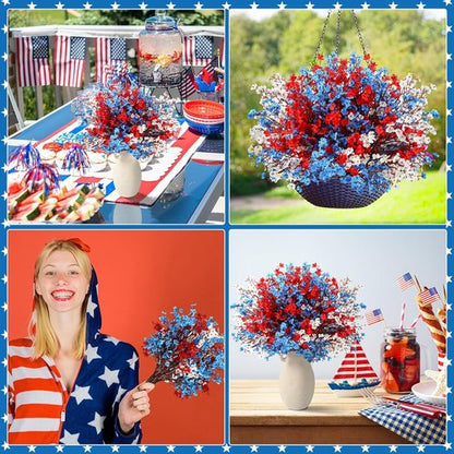 Lyrow Patriotic Artificial Flowers - 24 Pcs Red, Blue & White Table Centerpieces for 4th of July Decor