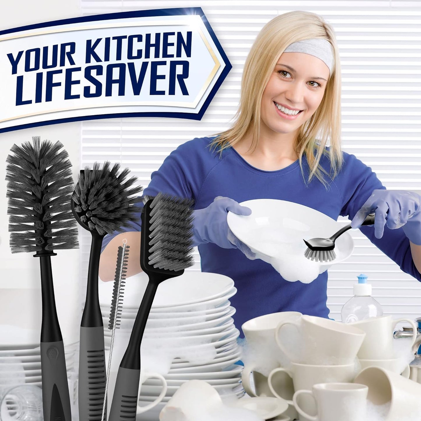 Skiennix Dish Brush Set of 4 - Non-Slip Kitchen Scrub Brushes for Easy Cleaning | Black