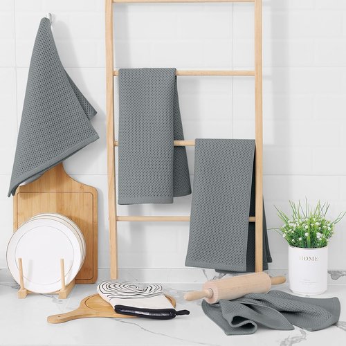 Homaxy 100% Cotton Waffle Weave Dish Towels - Ultra Soft & Absorbent, Quick Drying | 13 x 28 Inches, Grey, 12-Pack