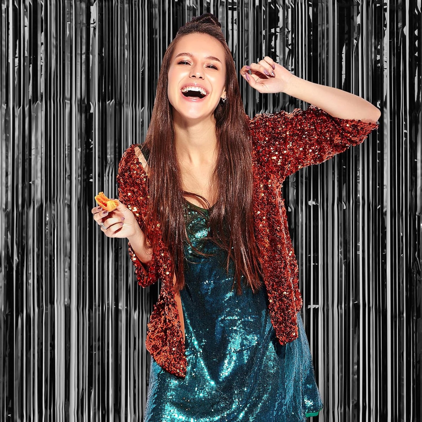 Voircoloria Laser Black Foil Fringe Backdrop Curtains - 3 Pack 3.3 x 8.2 ft Tinsel Streamers for Parties