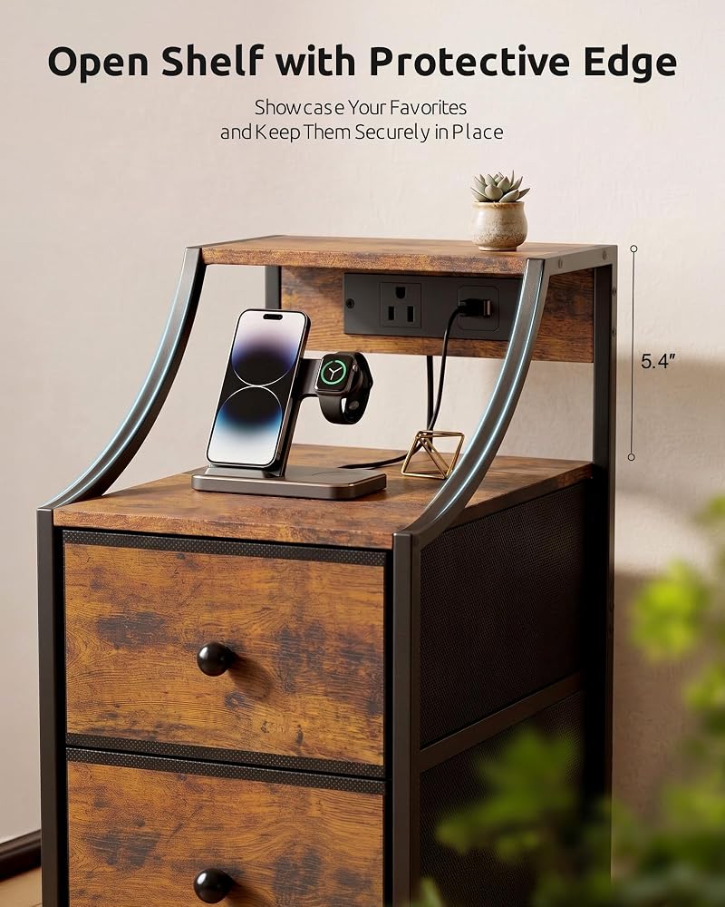 Narrow Nightstand with Charging Station - Rustic Brown - 11.8" Wide