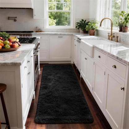 Ophanie 2x8 Non-Slip Runner Rug - Soft Fluffy Black Shaggy Carpet for Hallway & Bedroom Decor