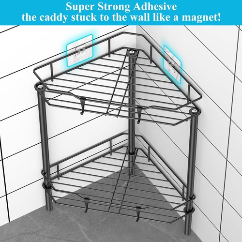 HuggieGems Corner Shower Caddy Organizer - 2 Tier Floor Standing Shelf with Hooks | Black Bathroom Storage