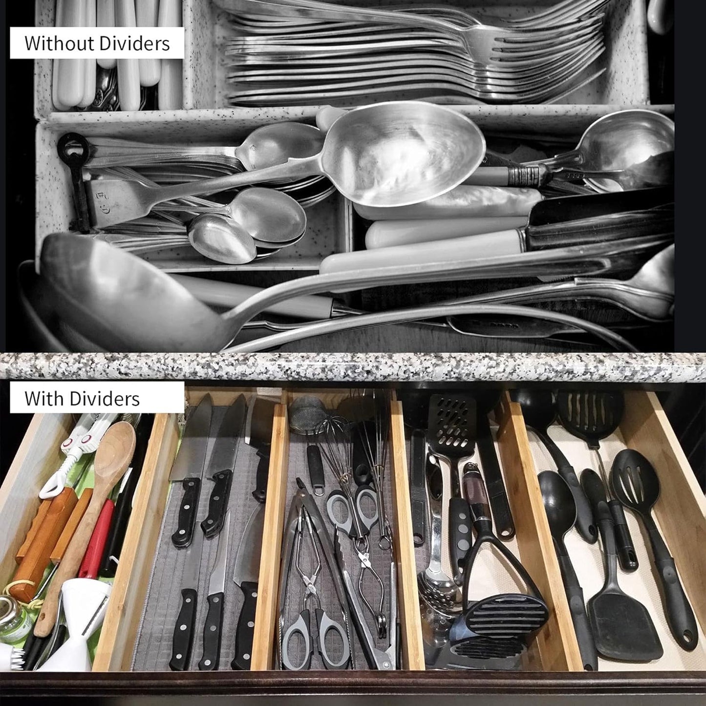 Utoplike Bamboo Drawer Dividers - Adjustable 4-Piece Set for Kitchen & Home Organization