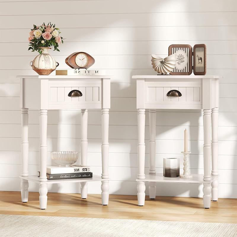 Vintage Nightstand Set of 2 with Solid Wood Legs - 10-Minute Assembly, Off-White (Variation: White+2)