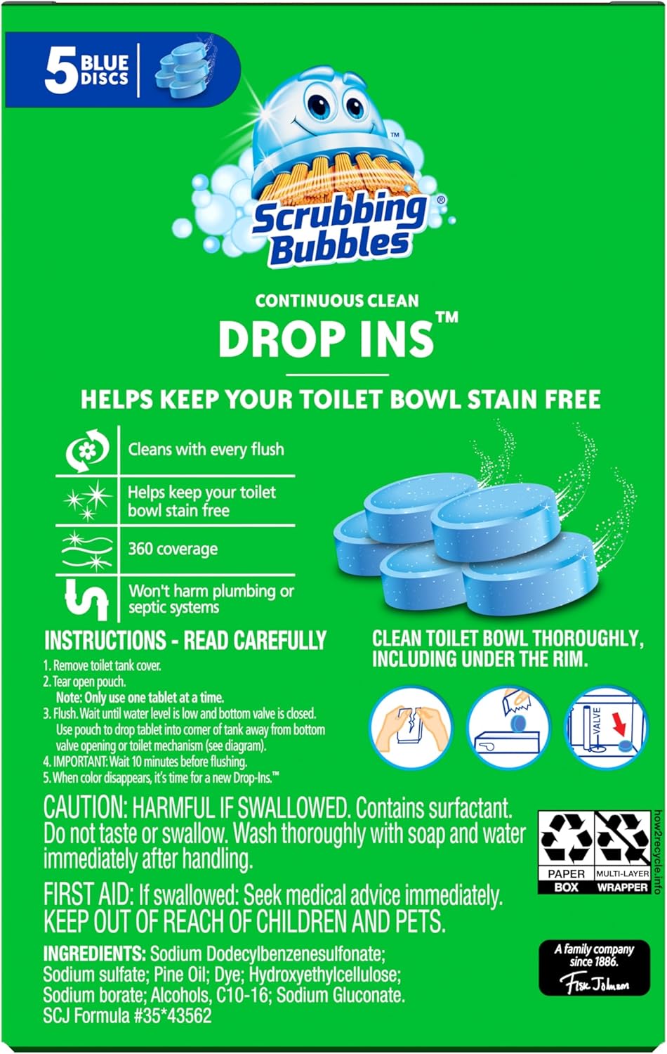 Scrubbing Bubbles Toilet Bowl Cleaner Tablets - Automatic Blue Drop-Ins for Hard Water & Stain Protection | 5 Count