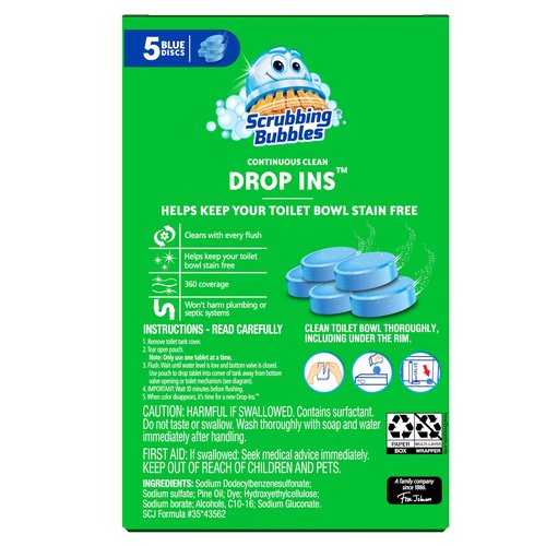 Scrubbing Bubbles Continuous Clean Toilet Drop-Ins, Automatic Blue Toilet Bowl Cleaner, Septic-Safe Tank Tablets Remove Hard Water Minerals & Limescale, Stain & Smell Protection, 5 Count (Pack of 1)