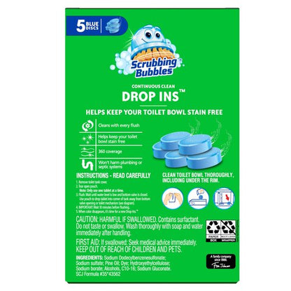 Scrubbing Bubbles Continuous Clean Toilet Drop-Ins, Automatic Blue Toilet Bowl Cleaner, Septic-Safe Tank Tablets Remove Hard Water Minerals & Limescale, Stain & Smell Protection, 5 Count (Pack of 1)